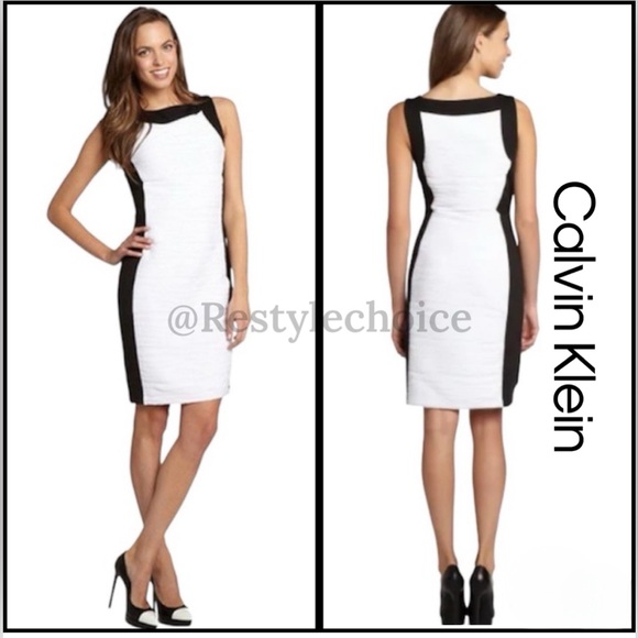 NWOT Calvin Klein Sleeveless Black/Ivory Colorblock Ribbed Sheath Dress lining - Picture 1 of 9